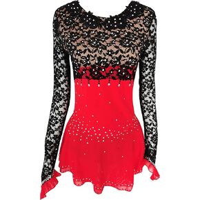 Ice Figure Skating Dress Girls Women Black and Red Lace Long Sleeve Competition Dress