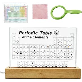 Zythtic Periodic Table With Real Elements Inside, Acrylic Periodic Table With 83 Real Elements, Warm LED Light Wooden Stand, Magnifying Glass, And Periodic table poster for Kids, Students, Teacher