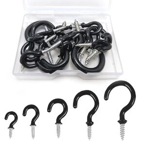 20PCS Vinyl Coated White Ceiling Hooks kit,5 Sizes Vinyl Coated Screw-in Plant, Kitchen, Cup, Ceiling Hooks for Hanging(1/2in, 5/8in,3/4in,1'',1-1/4in) (Black)