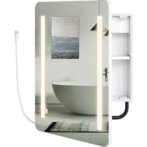 HOOBRO Lighted Medicine Cabinet with Mirror, Bathroom Wall Cabinet, Wall-Mounted Mirror Cabinet with Towel Bar, Adjustable Shelf, 2 USB Ports, 2 Power Outlets and LED Lights, White WT59UDCW01