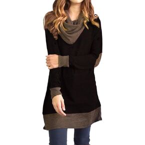 Famulily Women's Cowl Neck Tops Two Tone Color Block Pullovers Elbow Patchs Loose Long Tunic Blouse