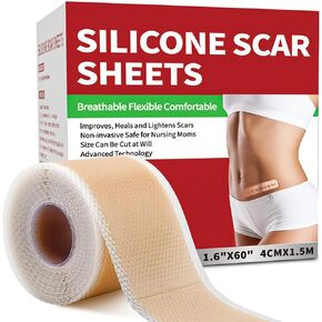 Silicone Scar Sheets (1.6"x 60" Roll-1.5M), Medical Grade Silicone Scar Tape Roll, Reusable Silicone Scar Strip, Professional Scar Removal Sheets for Surgery, C-Section, Burn, Keloid, Acne Etc