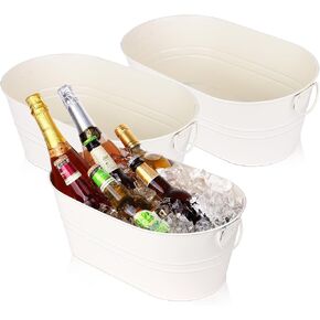 Galvanized Tub Beverage Tubs, 3pcs Metal Ice Buckets for Cocktail Bar 3 Gallon Wine Beer Drink Buckets with Handles Large Tin Tub Cooler Mimosa Bar Supplies Ice Bucket (White)