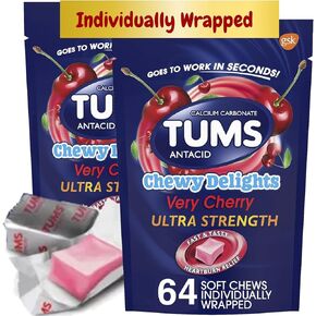 Antacid Gummies Extra Strength, TUMS Antacid Soft Chews Individual Packets, No Gelatine (64 Total)