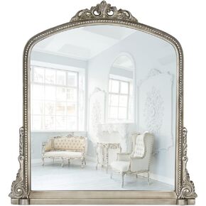 Antique Silver Wall Mirror Ornated Arched Mirror Baroque Mirrors for Wall Decor Large Vintage Silver Decorative Mirror 36''x28'' Bathroom Vanity Arched Wall Mirror