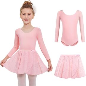 Zaclotre Girls Ballet Leotards 2Pcs Long Sleeve Shiny Squins Dance Dresses Toddler Ballerina Outfit for 3-11Y