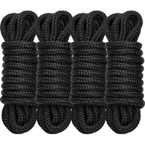 4 Pack 1/2" x 15’ Boat Dock Lines for Boat & Pontoon, Premium Marine- Grade Double Braided Nylon Dock Line, Pre-Spliced with a 12" Eyelet-Black,Boating Gifts for Men