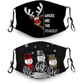 2PCS Christmas Face Masks for Adults, Washable Reusable Santa Printed Cloth Mask with Adjustable Ear Loops