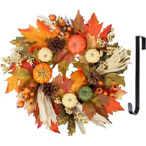 Fall Wreaths for Front Door, 19inchs Autumn Wreath with Hangers Pumpkin Maple Autumn Harvest Wreath Fall Decorations for Home Ideal Thanksgiving Decorations Wall Window Party Decor Indoor Outdoor