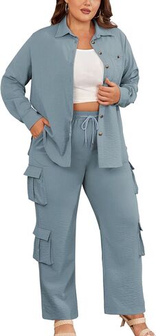 AOVDE Women's Plus size 2 Piece Outfits Long Sleeve Button Down Shirt Wide Leg Pants Casual Streetwear Pant Sets for Women in Saudi Arabia