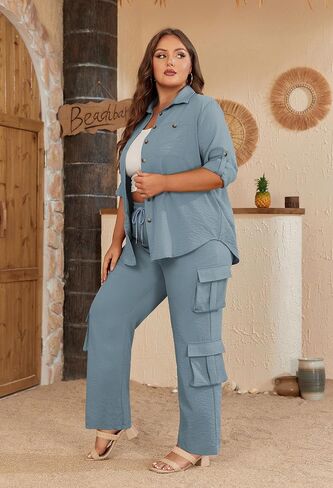 AOVDE Women's Plus size 2 Piece Outfits Long Sleeve Button Down Shirt Wide Leg Pants Casual Streetwear Pant Sets for Women in Saudi Arabia