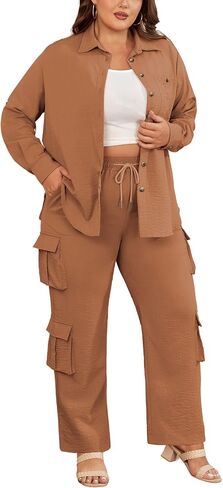 AOVDE Women's Plus size 2 Piece Outfits Long Sleeve Button Down Shirt Wide Leg Pants Casual Streetwear Pant Sets for Women in Saudi Arabia