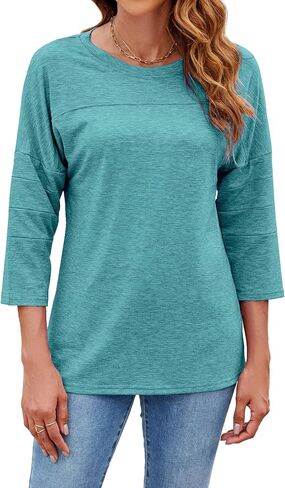 Bluetime Women Round Neck 3/4 Sleeve Tops Casual Loose Tunic Tops Solid Color Summer Fall Basic Shirt Blouses in Saudi Arabia