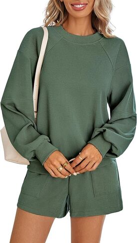 Women's 2 Piece Lounge Matching Sets Sweat Shorts Sweatshirt Tops Sweatsuit Track Suit Pajama Set Fashion Fall Clothes in Saudi Arabia