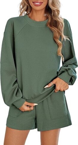 Women's 2 Piece Lounge Matching Sets Sweat Shorts Sweatshirt Tops Sweatsuit Track Suit Pajama Set Fashion Fall Clothes in Saudi Arabia