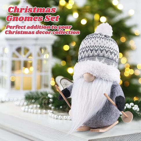 D-FantiX 2pack زلاجات عيد الميلاد التماثيل القطيفة مع الزلاجات الخشبية وأعمدة التزلج، اليدوية السويدية Tomte سانتا الاسكندنافية تمثال الشمال أفخم قزم دمية جنوم الحلي زينة عيد الميلاد ديكور المنزل in Kuwait