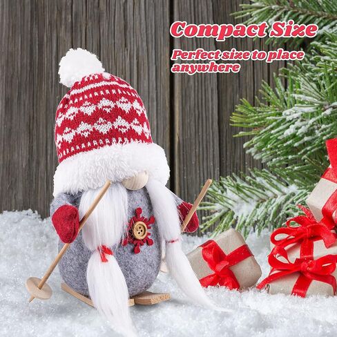 D-FantiX 2pack زلاجات عيد الميلاد التماثيل القطيفة مع الزلاجات الخشبية وأعمدة التزلج، اليدوية السويدية Tomte سانتا الاسكندنافية تمثال الشمال أفخم قزم دمية جنوم الحلي زينة عيد الميلاد ديكور المنزل in Kuwait