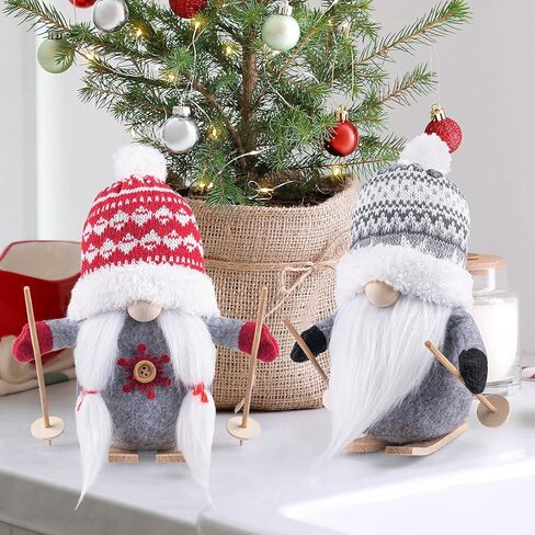 D-FantiX 2pack زلاجات عيد الميلاد التماثيل القطيفة مع الزلاجات الخشبية وأعمدة التزلج، اليدوية السويدية Tomte سانتا الاسكندنافية تمثال الشمال أفخم قزم دمية جنوم الحلي زينة عيد الميلاد ديكور المنزل in Kuwait