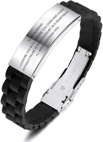 MeMeDIY TO MY HUSBAND Love from Wife أساور سيليكون سوداء هدايا شخصية للرجال عيد ميلاد الفولاذ المقاوم للصدأ المطاط قابل للتعديل معصمه رجالي هدايا عيد الحب in Kuwait