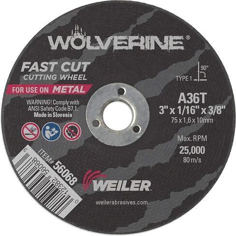 عجلة قطع Weiler 56068 مقاس 3 بوصات، قطع سريع من الفولاذ/المعدن Wolverine AO، قطع قيمة، 1/16 بوصة A36T نوع 1 3/8 بوصة (عبوة من 100 قطعة) in Saudi Arabia