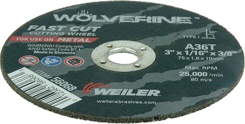 عجلة قطع Weiler 56068 مقاس 3 بوصات، قطع سريع من الفولاذ/المعدن Wolverine AO، قطع قيمة، 1/16 بوصة A36T نوع 1 3/8 بوصة (عبوة من 100 قطعة) in Saudi Arabia