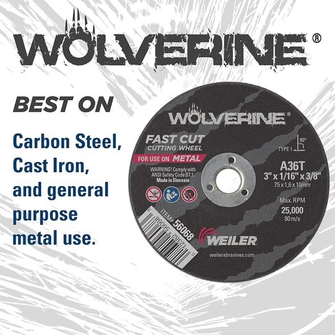 عجلة قطع Weiler 56068 مقاس 3 بوصات، قطع سريع من الفولاذ/المعدن Wolverine AO، قطع قيمة، 1/16 بوصة A36T نوع 1 3/8 بوصة (عبوة من 100 قطعة) in Saudi Arabia