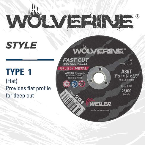 عجلة قطع Weiler 56068 مقاس 3 بوصات، قطع سريع من الفولاذ/المعدن Wolverine AO، قطع قيمة، 1/16 بوصة A36T نوع 1 3/8 بوصة (عبوة من 100 قطعة) in Saudi Arabia