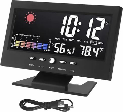 LCD alarm clock for bedroom with weather station, wireless indoor and outdoor thermometer, temperature and humidity monitoring instrument, humidity meter, Black in Saudi Arabia