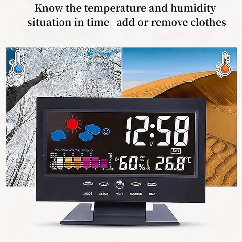 LCD alarm clock for bedroom with weather station, wireless indoor and outdoor thermometer, temperature and humidity monitoring instrument, humidity meter, Black in Saudi Arabia