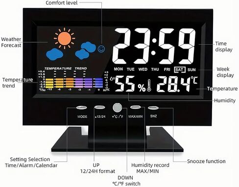 LCD alarm clock for bedroom with weather station, wireless indoor and outdoor thermometer, temperature and humidity monitoring instrument, humidity meter, Black in Saudi Arabia