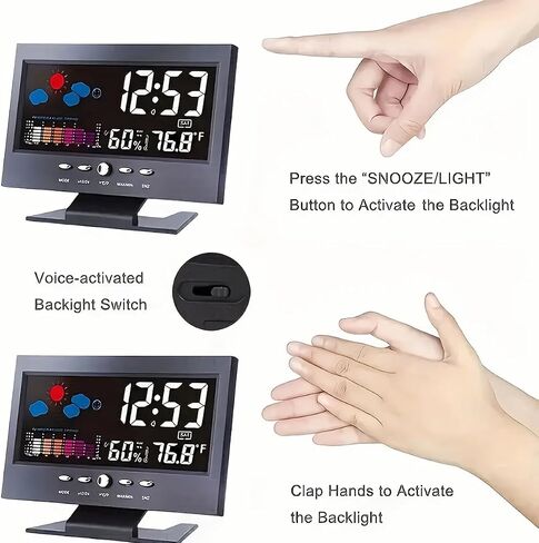 LCD alarm clock for bedroom with weather station, wireless indoor and outdoor thermometer, temperature and humidity monitoring instrument, humidity meter, Black in Saudi Arabia