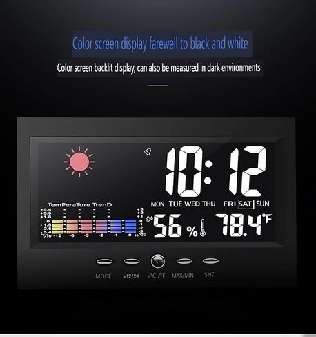 LCD alarm clock for bedroom with weather station, wireless indoor and outdoor thermometer, temperature and humidity monitoring instrument, humidity meter, Black in Saudi Arabia