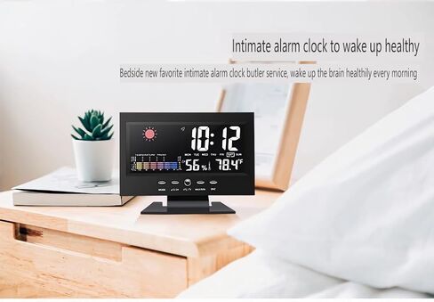 LCD alarm clock for bedroom with weather station, wireless indoor and outdoor thermometer, temperature and humidity monitoring instrument, humidity meter, Black in Saudi Arabia