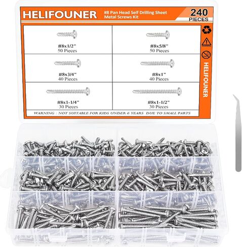 240 Pieces #8 x1/2", 5/8", 3/4", 1", 1-1/4", 1-1/2" Pan Head Self Drilling Screws Sheet Metal Screws Assortment Kit, 410 Stainless Steel in Saudi Arabia
