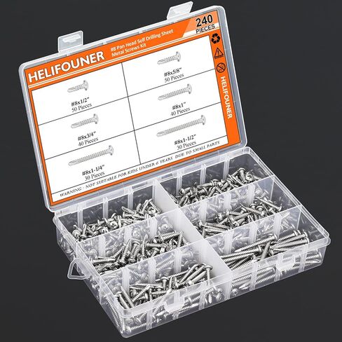 240 Pieces #8 x1/2", 5/8", 3/4", 1", 1-1/4", 1-1/2" Pan Head Self Drilling Screws Sheet Metal Screws Assortment Kit, 410 Stainless Steel in Saudi Arabia