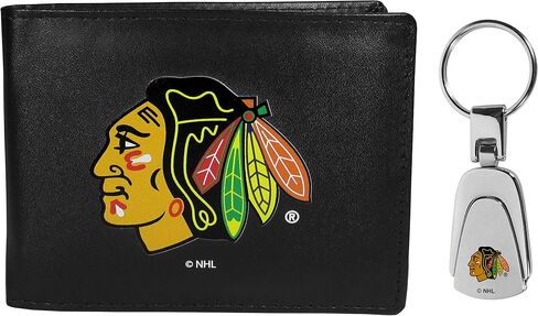 محفظة Siskiyou Sports NHL Chicago Blackhawks ثنائية الطي وسلسلة مفاتيح فولاذية، أسود، مقاس واحد in Saudi Arabia