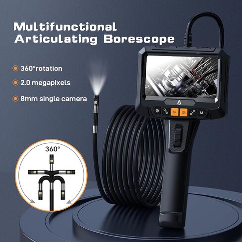 Dual Lens Serpentine Pipe Borescope with Illuminated Video Inspection Scope, 5-Inch IPS Screen, IP67 Waterproof LED Lights, 5.5-Feet Long, for Automotive, Aerospace, and Mechanical Inspections in Saudi Arabia