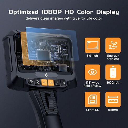 Dual Lens Serpentine Pipe Borescope with Illuminated Video Inspection Scope, 5-Inch IPS Screen, IP67 Waterproof LED Lights, 5.5-Feet Long, for Automotive, Aerospace, and Mechanical Inspections in Saudi Arabia