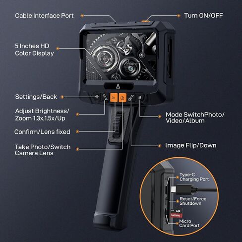 Dual Lens Serpentine Pipe Borescope with Illuminated Video Inspection Scope, 5-Inch IPS Screen, IP67 Waterproof LED Lights, 5.5-Feet Long, for Automotive, Aerospace, and Mechanical Inspections in Saudi Arabia