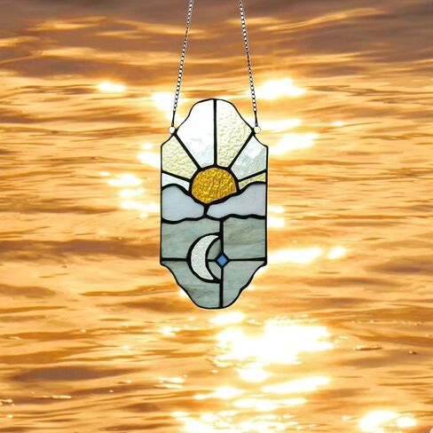 Sun and Moon Suncatchers Decor Stained Glass for Window Hangings,Handcrafted Tiffany Style Stained Glass Art Sun and Moon in The Sky for Living Room Bedroom Balcony (Blue&Yellow) in Saudi Arabia
