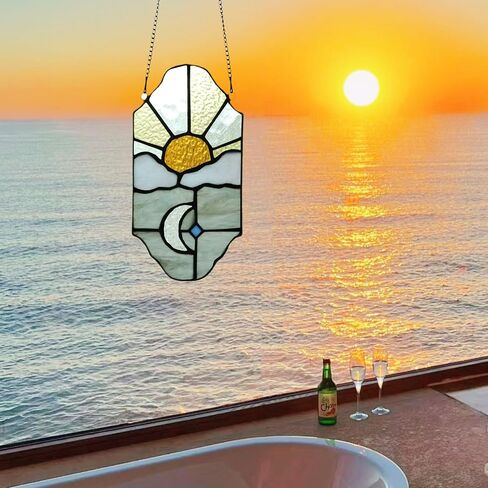 Sun and Moon Suncatchers Decor Stained Glass for Window Hangings,Handcrafted Tiffany Style Stained Glass Art Sun and Moon in The Sky for Living Room Bedroom Balcony (Blue&Yellow) in Saudi Arabia