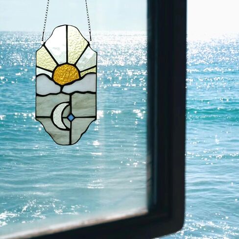 Sun and Moon Suncatchers Decor Stained Glass for Window Hangings,Handcrafted Tiffany Style Stained Glass Art Sun and Moon in The Sky for Living Room Bedroom Balcony (Blue&Yellow) in Saudi Arabia