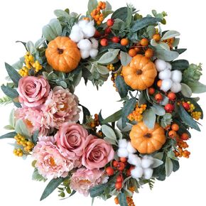 Fall Wreaths for Front Door, 22 inch Autumn Wreath with Pumpkin Lotus Hydrangea Eucalyptus Leaves for Harvest Thanksgiving Home Wall Window Indoor Outdoor Decor