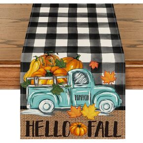 Artoid Mode Buffalo Plaid Truck Pumpkin Maple Leaf Hello Fall Table Runner, Seasonal Autumn Kitchen Dining Table Decor for Home Party 13x72 Inch