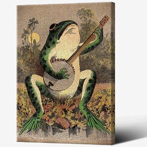 Generic Retro Frog Poster Funny Banjo Frog Canvas Wall Art Posters 12x18in Unframed Vintage Frog Picture Prints Wall Decor, Grey