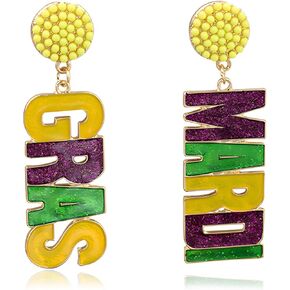 Mardi Gras Earrings for Women, Champagne Earrings Bohemian Tassel Earrings Purple Heart Drop Earrings Mardi Gras Beads Dangle Earrings Holiday Carnival Jewelry Gifts Accessories