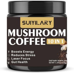 Mushroom Coffee, 10 in 1 Mushroom Blend- Lion's Mane, Reishi, Chaga, Cordyceps, Turkey Tail, Brain Supplements with Instant Coffee Powder for Energy, Focus, Memory and Immunity, 150g 30 Serving