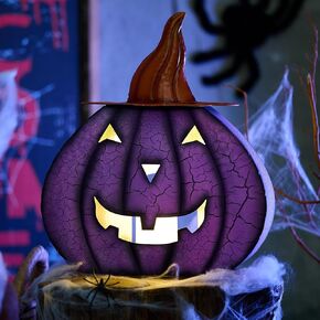 TERESA'S COLLECTIONS Halloween LED Jack-O-Lantern Pumpkin Lantern Battery Operated, Large Orange Crackle Metal Lantern with Candle for Autumn Home Table Yard Haunted Party Decor,13"