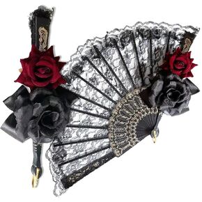 AUOCATTAIL Halloween Lace Foldable Handheld Fan Black Vintage Retro Flower Bridal Hand Fan for Women Girls Costume Photo Props Wedding Dancing Party Decoration