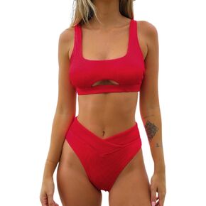CUPSHE Women's Bikini Sets Two Piece Swimsuit High Waisted Square Neck Cutout Wide Straps Tank High Cut Cheeky Bottom